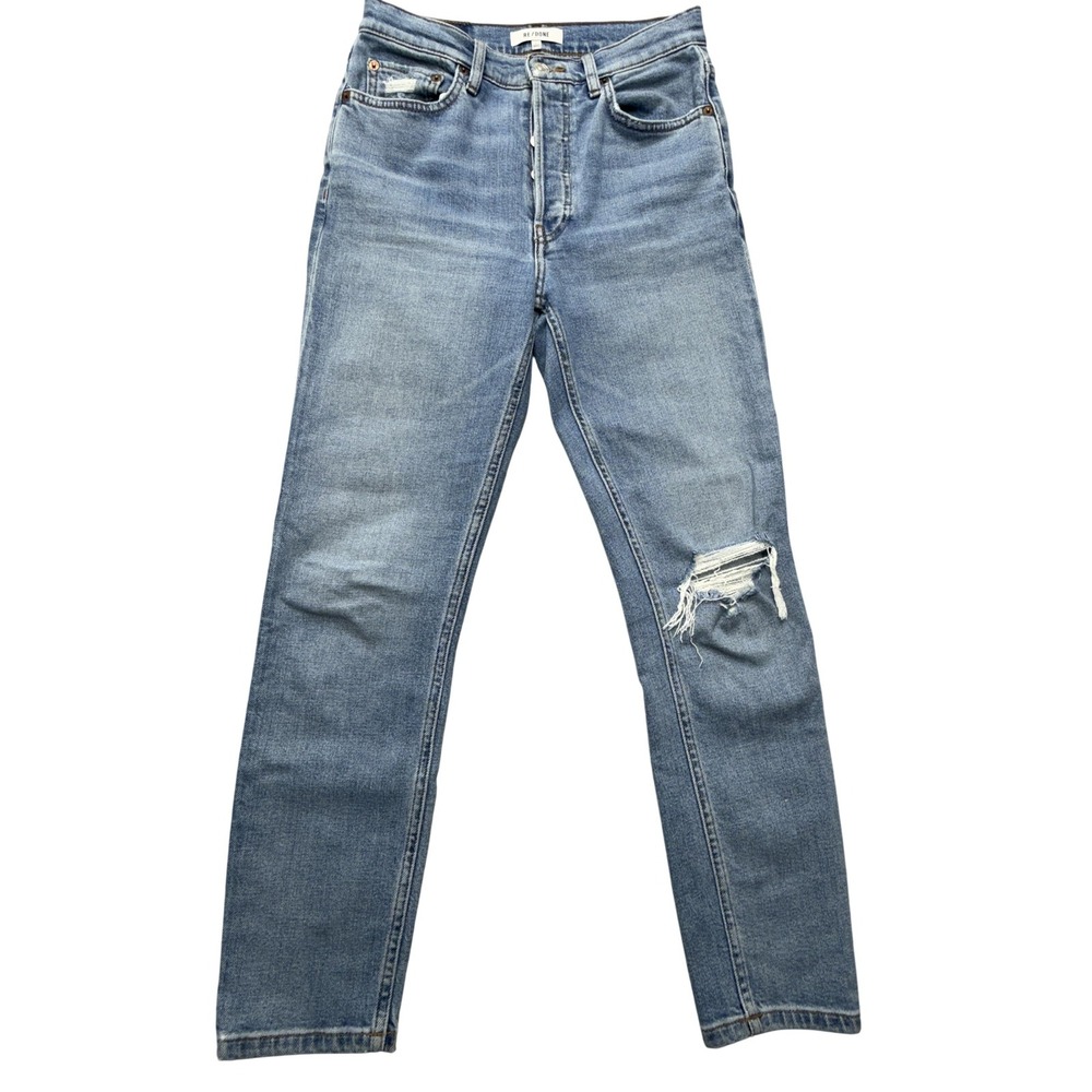 RE/DONE Jeans Womens 27 Worn Blue High Rise Straight Button Fly Distressed Ankle